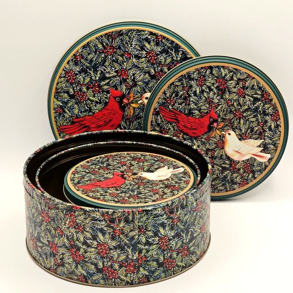 Merry Christmas Tin Storage Set - Cardinal, Dove, Floral Berry Design - Picture 4 of 8
